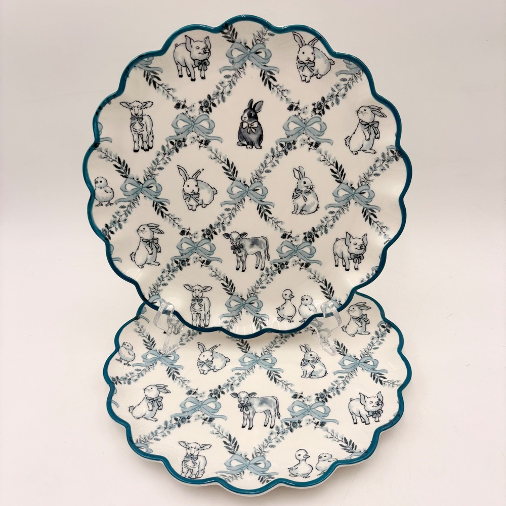Dwell Essentials Farm Animal Easter Scalloped‎ Salad Plates Set of 2 Blue White